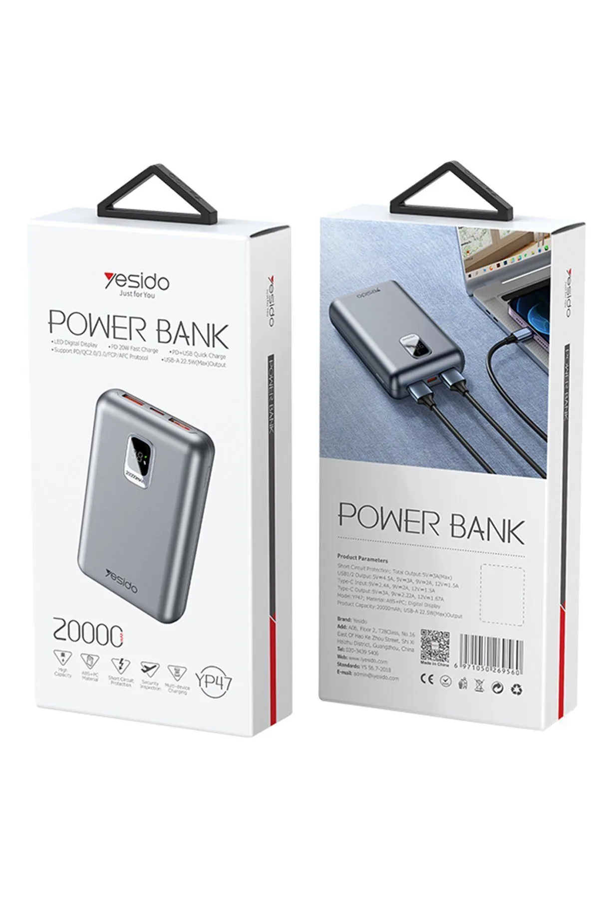 Yesido YP47 20.000 mAh Dijital Göstergeli 22.5W USB3.0 ve 20W Type-C Çıkışlı PD Hızlı Şarj Powerbank - Siyah - Görsel 3