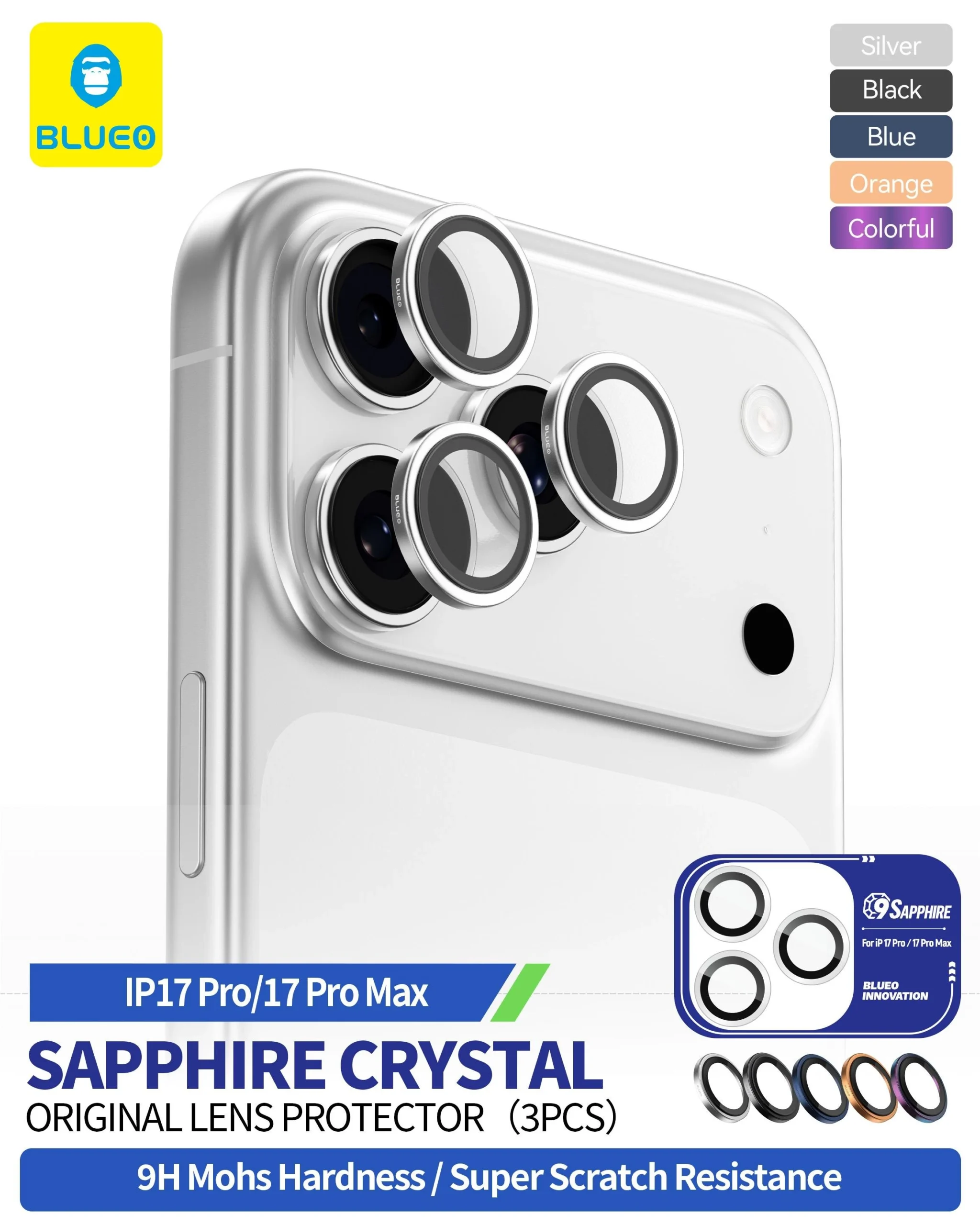 Blueo 99.99 Gerçek Sapphire Titanium iPhone 17 Pro Max Lens Koruyucu Turuncu
