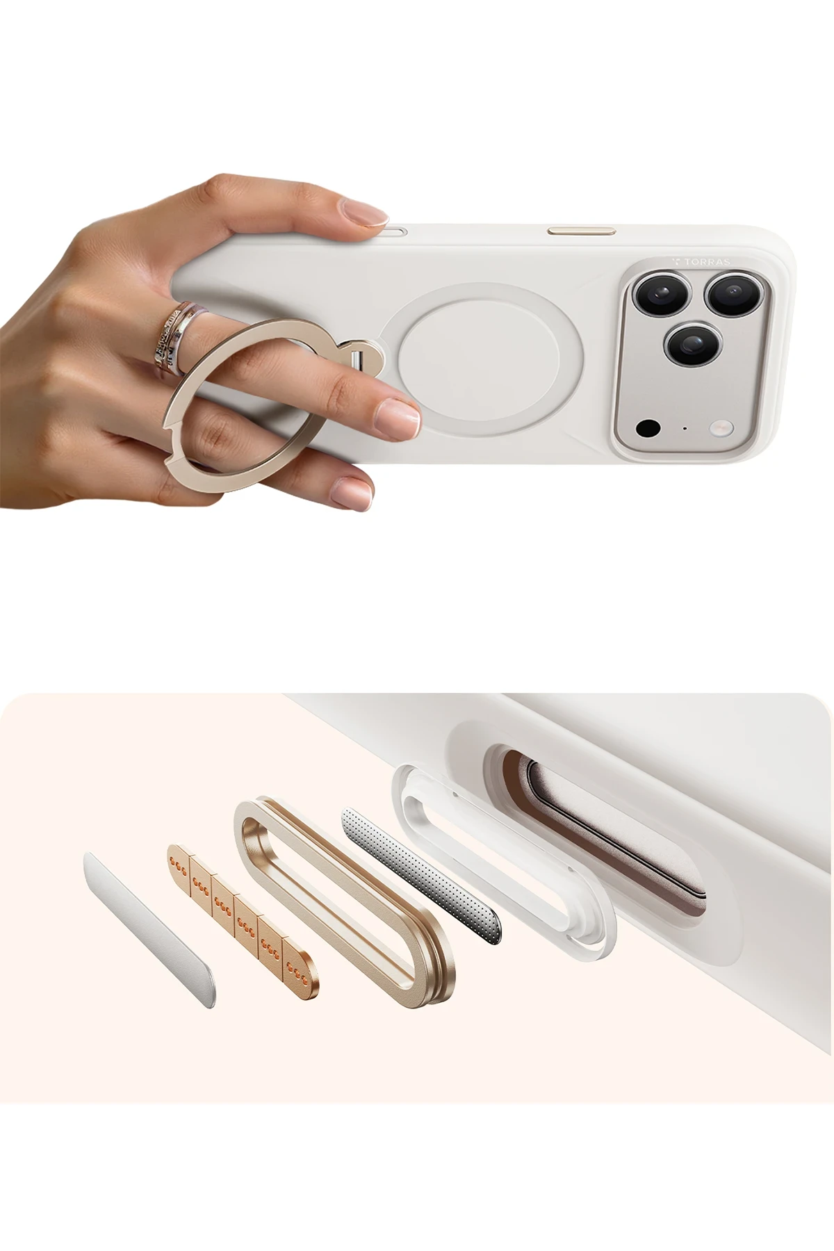 Torras Apple iPhone 17 Pro Max O Stand Spin Silicone Serisi MagSafe Kılıf - Beyaz - Görsel 4
