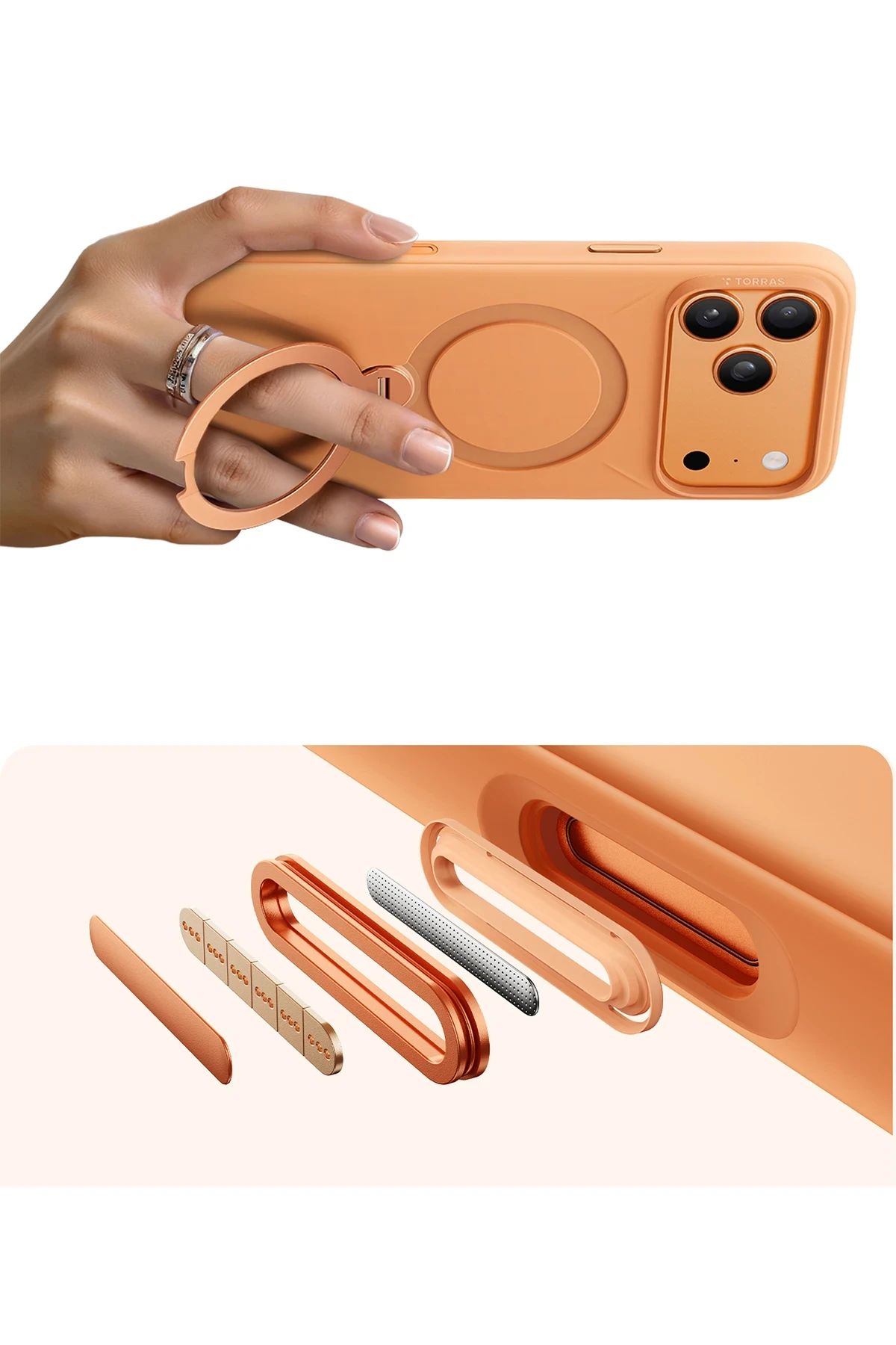 Torras Apple iPhone 17 Pro O Stand Spin Silicone Serisi MagSafe Kılıf - Turuncu