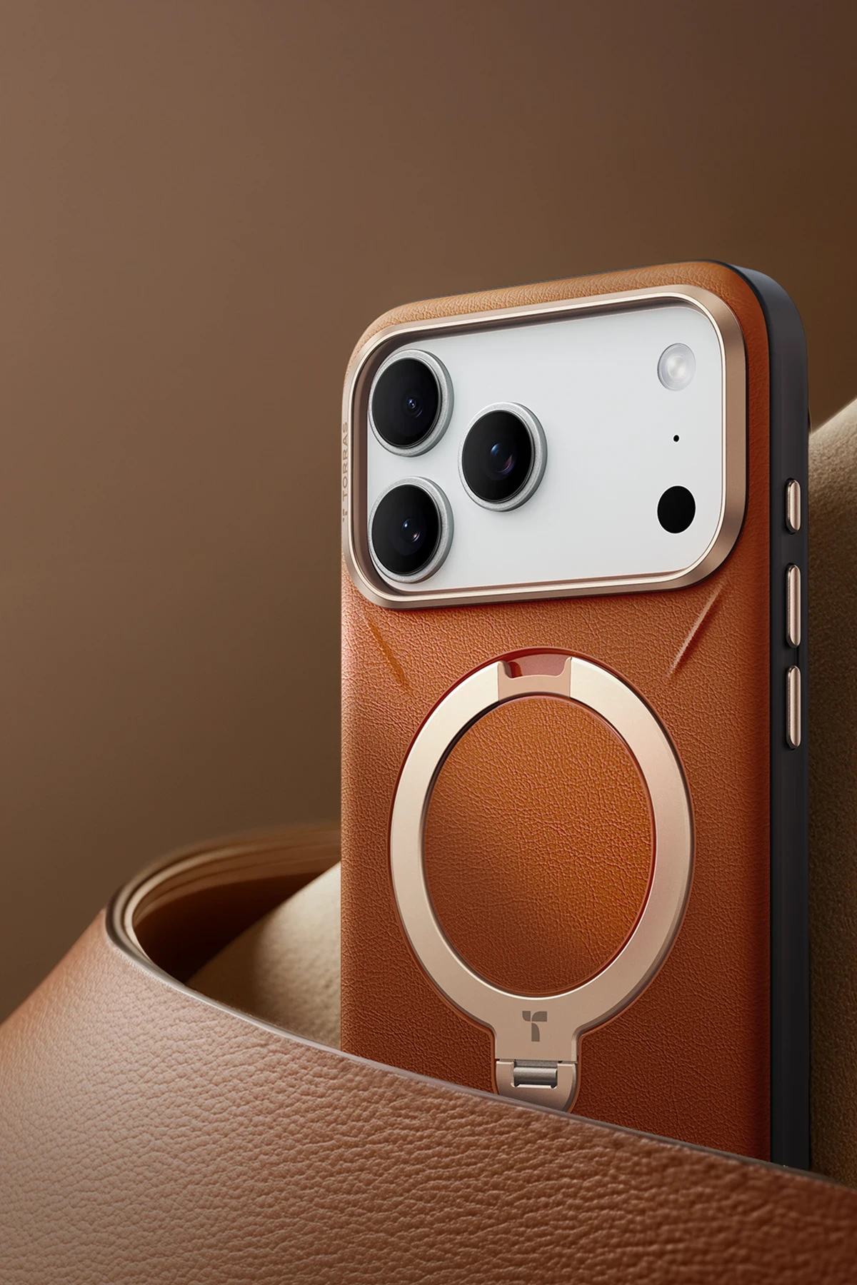 Torras Apple iPhone 17 Pro O Stand Spin VegSkin Serisi MagSafe Kılıf - Kahverengi - Görsel 4
